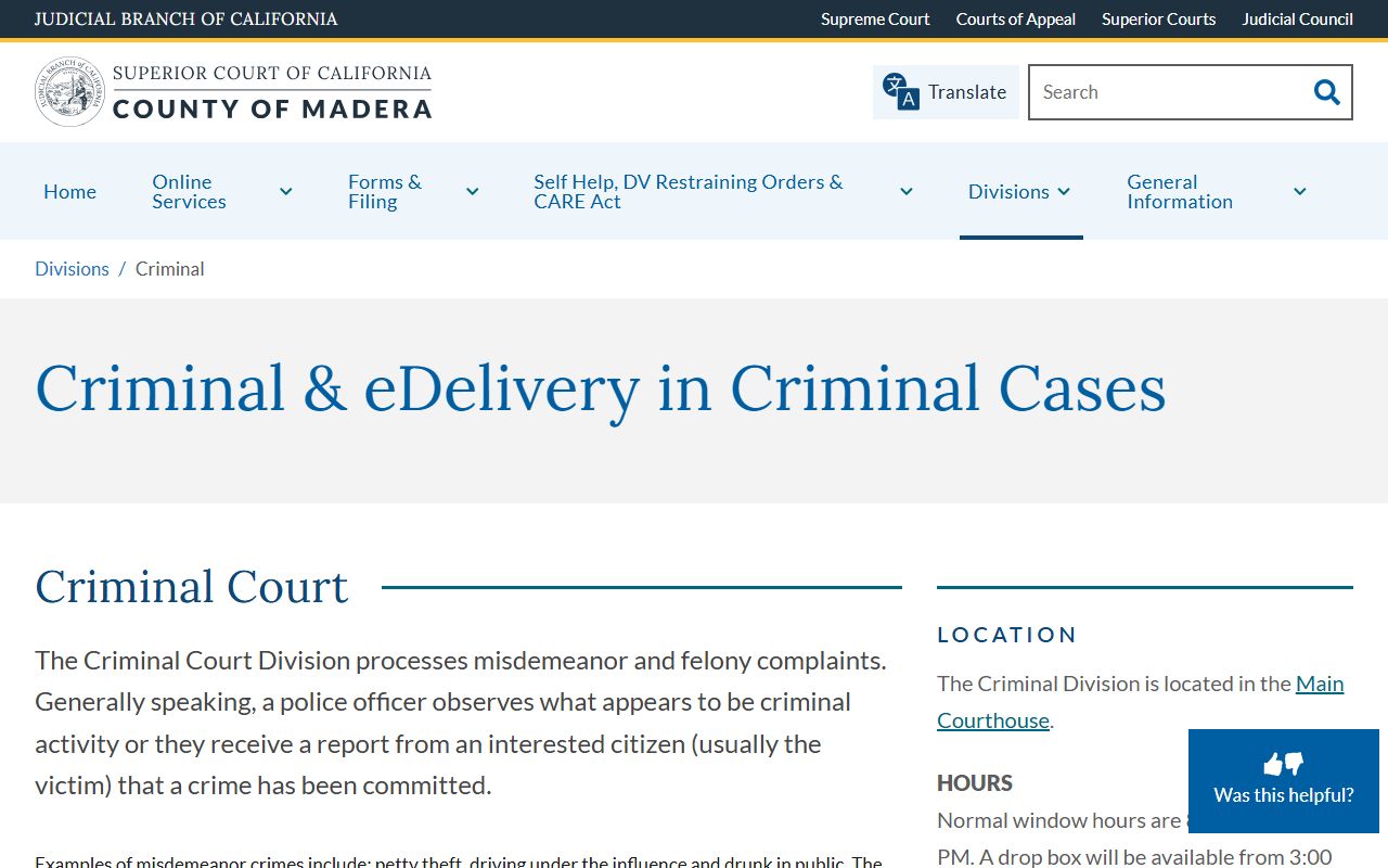 Madera County court records after arrest Criminal Division page
