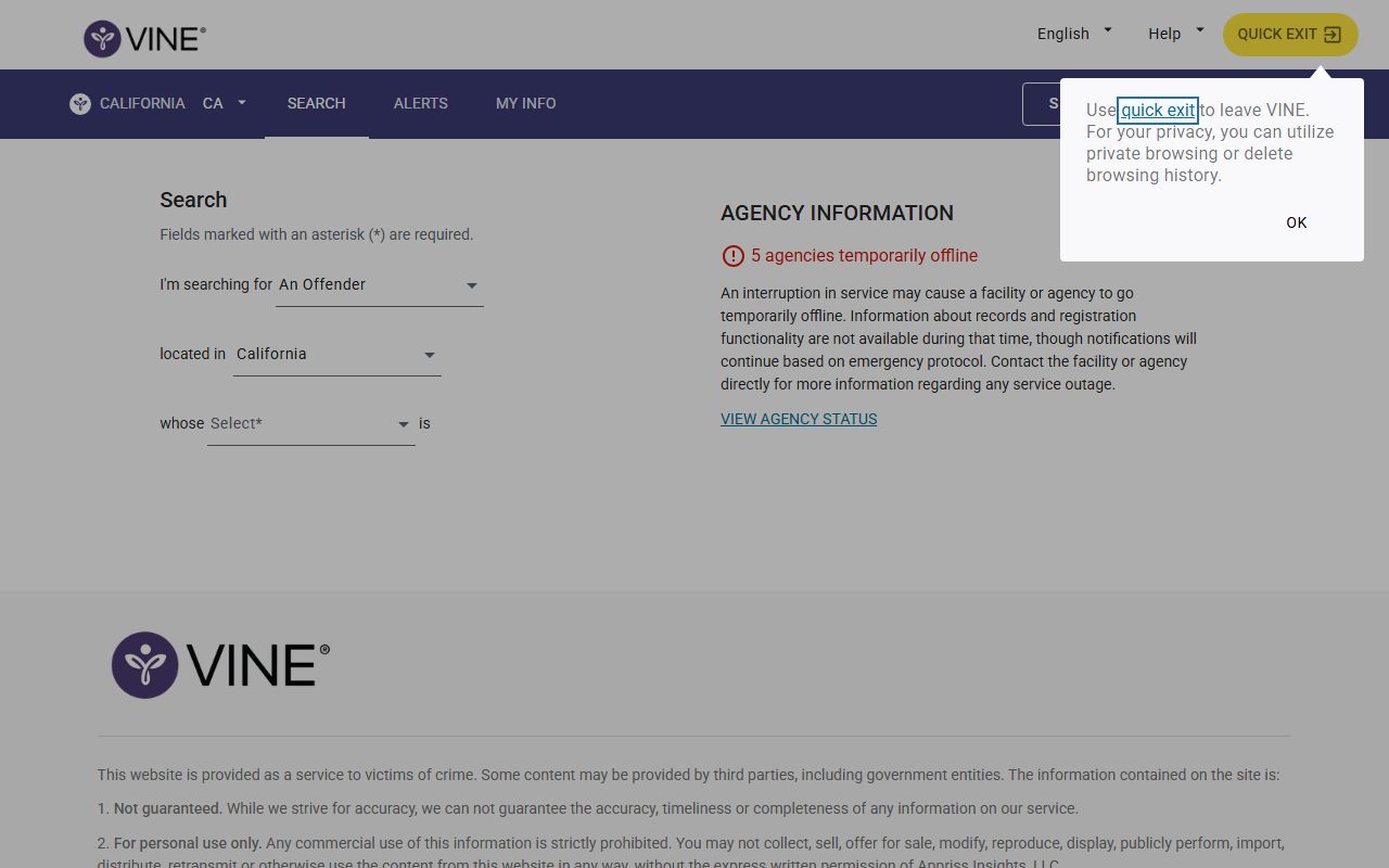 Madera County current custody lookup through VINELink California person search