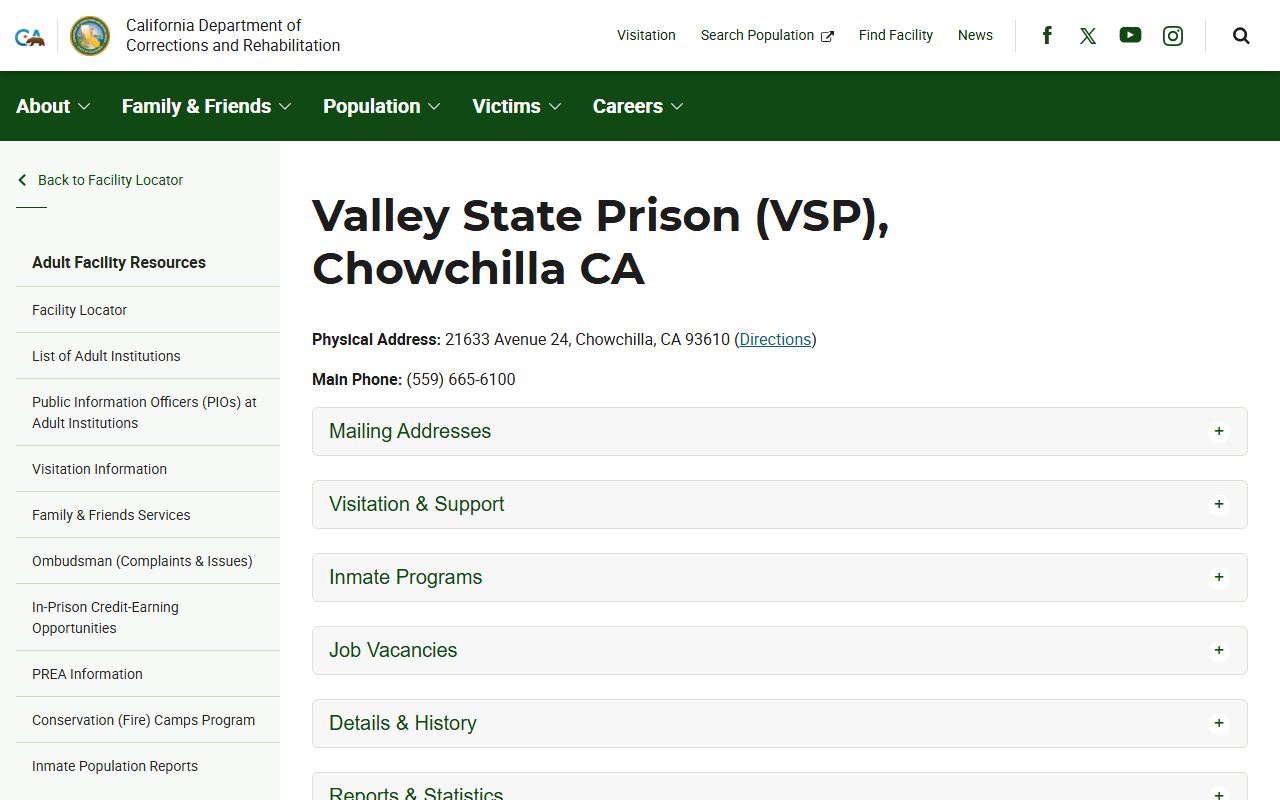 Valley State Prison CDCR inmate search facility profile in Madera County